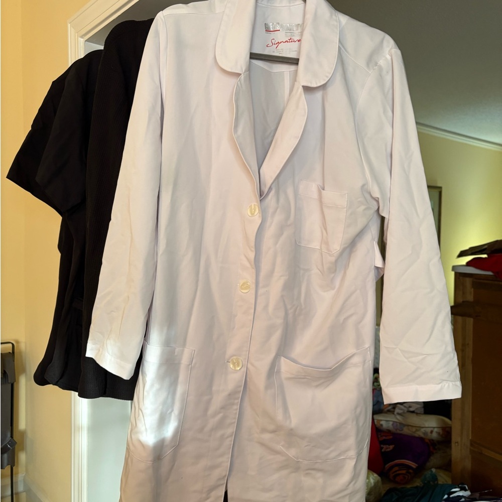 Grey's Anatomy White Button-Front, Knee Length- Scrub Coat with Pockets